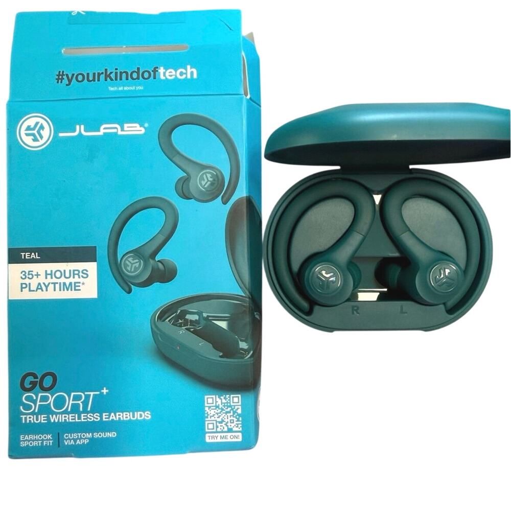 JLabs GO SPORT + true wireless earbuds + case 35+ HRS TEAL earhook sport fit